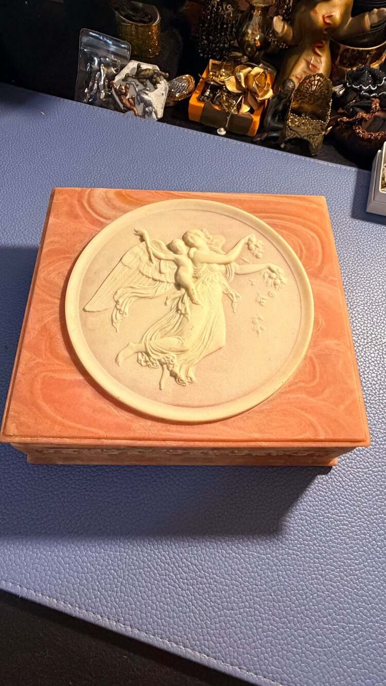 Genuine Incolay Stone Handcrafted Jewelry Trinket Box with Angel and Cherub Came